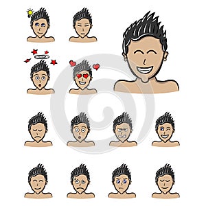 Spiky hair style man emotions, Vector boy face expressions cartoon style. emoji male