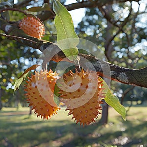 Spiky orange fruit hanging from tree branch photo