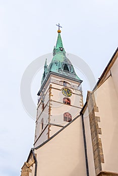 Spiky tower of Church of the Assumption of the Virgin Mary in Jindrichuv Hradec, Czech Republic