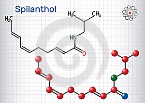 Spilanthol molecule. It is a fatty acid amide, is used for the local anesthetic properties and in cosmetology. Sheet of paper in