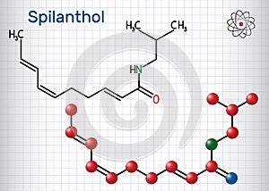 Spilanthol molecule. It is a fatty acid amide, is used for the local anesthetic properties and in cosmetology. Sheet of paper in photo