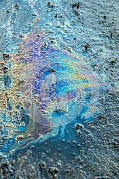 Spill of oil products. Rainbow oily streaks on polluted land and water