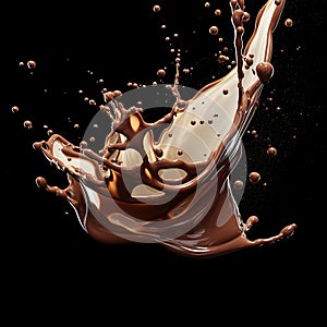 Spilled chocolate liqueur on a black background. ?offee cream with milk fluid splash texture.