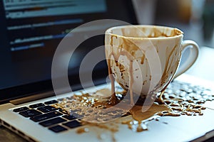 Coffee spilling from cup over laptop keyboard