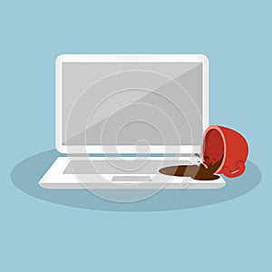 Spilled coffee on laptop vector concept