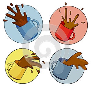 Spilled Cup of coffee. Spray and drop. Sloppy handling in kitchen. Drink with caffeine. Cartoon illustration.