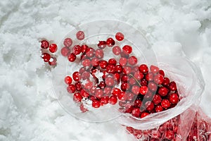 Spilled frozen cherries in a plastic bag on a grinded ice. top view.