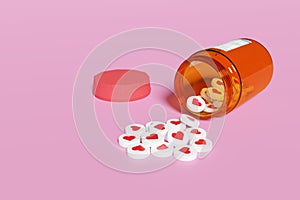 Spilled hearts pills next to a pill bottle isolated on a pink background. Concept of addiction to social media. 3d illustration