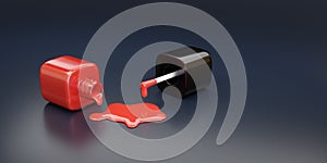 Spilled red nail polish bottle on dark background. 3d illustration