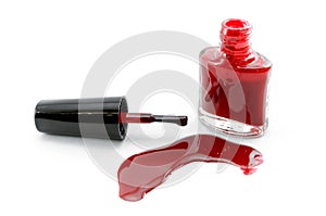 Spilled red nail polish bottle isolated.