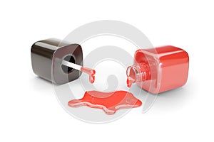 Spilled red nail polish bottle isolated on white background. 3d illustration