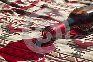 spilled red wine bottle contrasted on a patterned picnic blanket