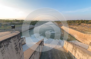 Spillway of Dam gate on morning, The Pa Sak Cholasit Dam