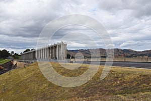 The spillway of Hume Dam, formerly the Hume Weir, is a major dam across the Murray River downstream.