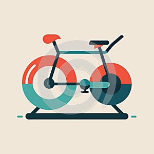 A spin bike with a distinctive orange and blue wheel, ready for a workout session, Spin bike and rowing machine pairing,