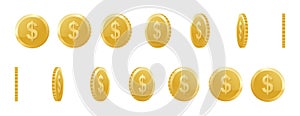 Spin gold coin on transparent background, set of rotation icons at different angles for animation. 3d gold coin. Vector