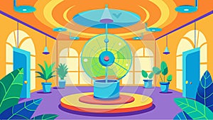 A spin room with bright energizing colors and airpurifying plants to create a vibrant and revitalizing space.. Vector photo