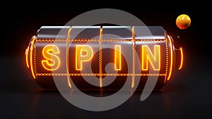 Spin Slot Machine Gambling Concept With Neon Orange Lights - 3D Illustration
