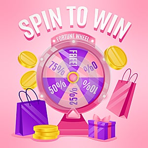 Spin to win banner. Lucky promotions with gift prize and sale discount, fortune spinning wheel game vector illustration