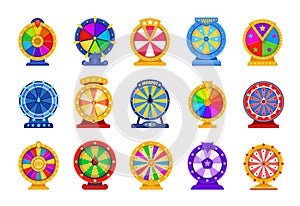 Spin wheels. Cartoon lottery circle. Fortune roulette games. Collection of rotating casino equipment for raffling prizes. Colorful photo