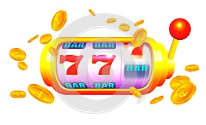 Spin and Win Slot Machine with Coins Isolated on White Background