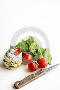 Spinach cupcakes with cheese cream frosting, green fresh onion on a white background with cherry tomatoes and spinach leaves