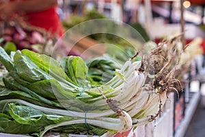 Spinach on the food market stall Ballaro in Palermo