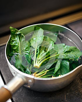 Spinach greens in water in a stewpan, cooking, upright