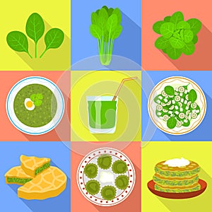 Spinach icons set, flat style