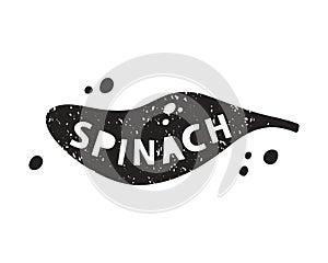 Spinach leaf grunge sticker. Black texture silhouette with lettering inside. Imitation of stamp, print with scuffs