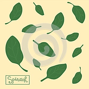 Spinach leaves of different shapes and sizes with an inscription. Seamless pattern. The concept of healthy eating.