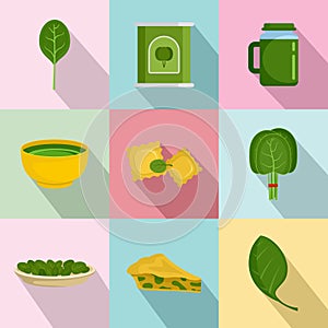 Spinach leaves vegetables icons set, flat style