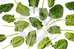 Spinach leaves on white background, top view, flat lay