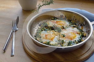 Spinach pan with fried egg and spices, protein-rich vegetarian dish for low carb diet on a rustic wooden board