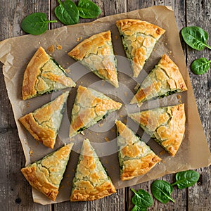 Spinach Pie Slices on Rustic Wood