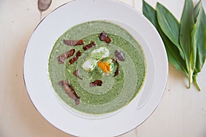 Spinach soup in a bowl with egg and bacon