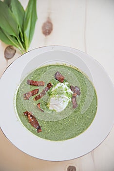 Spinach soup in a bowl with egg and bacon
