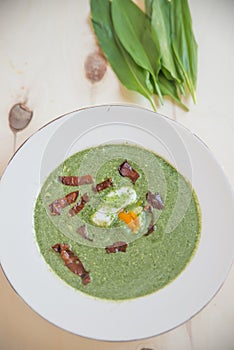 Spinach soup in a bowl with egg and bacon