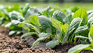 spinach - Spinacia oleracea - young tender delicious plants growing in nutrient rich dirt soil or earth, green leaves, ready to