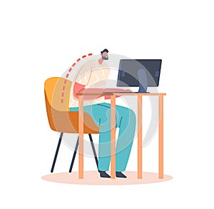 Spinal Curvature, Back Ache, Scoliosis, Health Care Concept. Male Character Wrong Sitting Position at Working Desk