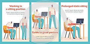 Spinal Deformity, Scoliosis and Spine Backbone Curvature Banners. Male Characters Standing and Sitting at Desk