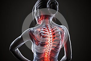 Spinal injury, sports injury, girl with highlighted red glow of spine and neck