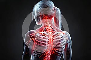 Spinal injury, sports injury, girl with highlighted red glow of spine and neck