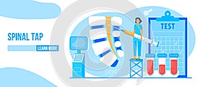 Spinal tap, biopsy of patient concept vector. Oncologist taking cerebrospinal liquid in spine. Lumbar puncture process. Tiny