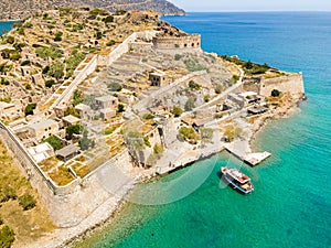 Spinalonga island with calm sea. Here were lepers humans with the Hansen\'s disease, gulf of Elounda, Crete, Greece