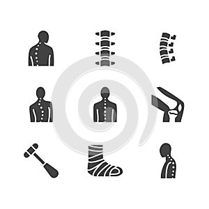 Spine, backbone flat glyph icons. Orthopedics clinic, medical rehab, back trauma, broken bone posture correction