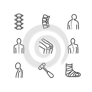 Spine, backbone line icons. Orthopedics clinic, medical rehab, back trauma, broken bone, posture correction, scoliosis