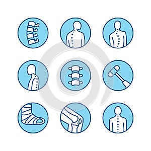 Spine, backbone line icons. Orthopedics clinic, medical rehab, back trauma, broken bone, posture correction, scoliosis