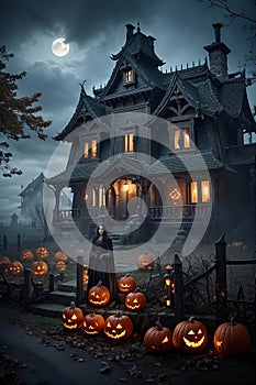 Spine-Chilling Halloween Night: Haunted House, Sinister Pumpkins, and Grinning Skeleton