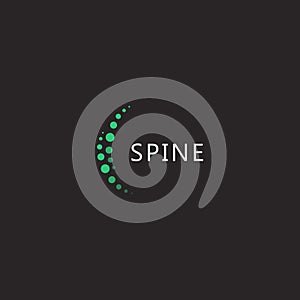 Spine clinic logo, two vertical arcs from green dots, spine doctor vector logotype template on black background.